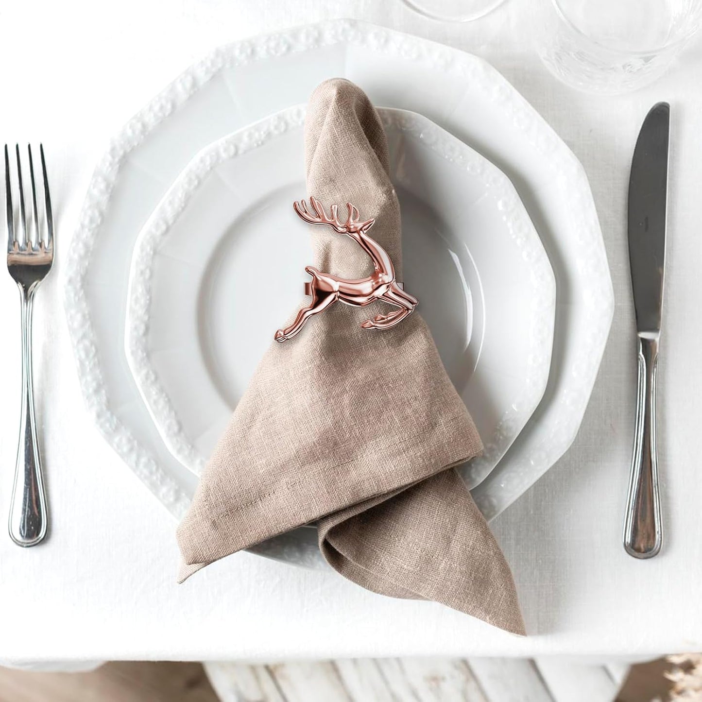 ZeeDix Set of 12 Rose Gold Elk Chic Napkin Rings for Christmas Dinning Table Setting-Wedding Receptions, Christmas, Thanksgiving and Home Kitchen for Casual or Formal