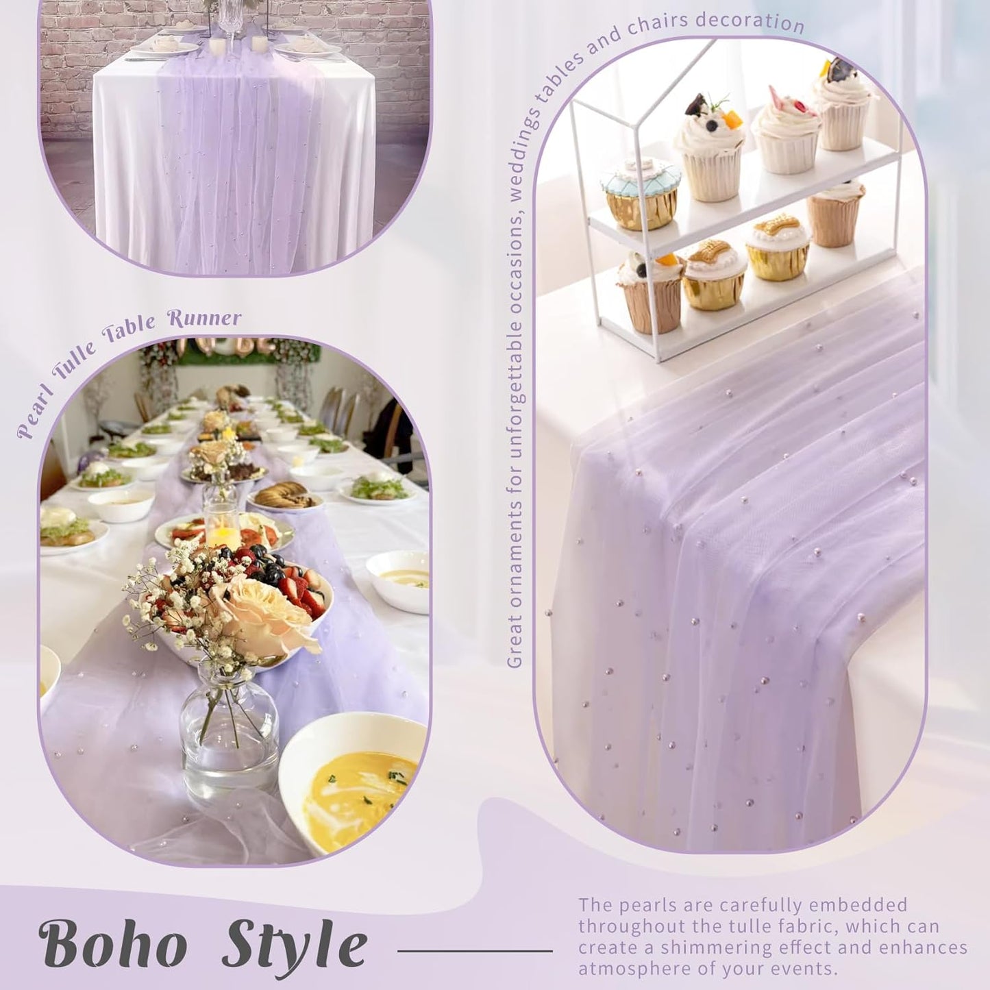 Pearl Table Runner 29 x 120 Inch Tulle Fabric Lace Table Runners Boho Rustic Tablecloth for Bridal Shower Birthday Party Wedding Arch Aisle Veil Dessert Table Decor(1 Pack, Light Purple)