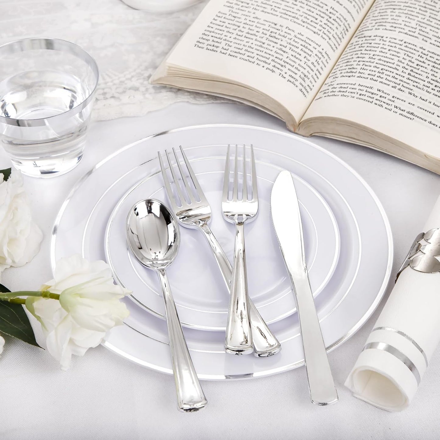 NOCCUR 700PCS Silver Plastic Plates Disposable for 100 Guests - Include 100 Dinner/Dessert White Plastic Plates with Silver Trim,300 Cutlery,100 Cups,100 Napkins for Party&Christmas