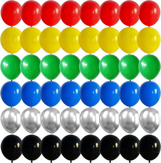 60 Pack Balloons Red Yellow Green Blue Black Party Balloons with Metallic Silver Helium Balloon, Rainbow Colorful Latex Balloons Set for Kids Birthday Carnival Themed Decorations