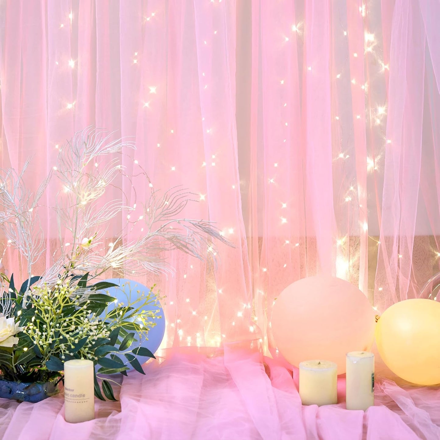 Pink Backdrop Curtains with Lights String for Baby Shower Girl Parties Sheer Tulle Backdrop Curtain Panels for Birthday Party Bridal Shower Photo Shoot Background Decorations 10×10ft (2 Panels 5×10ft)