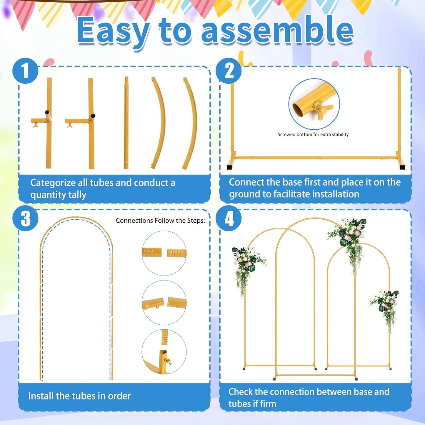 Metal Arch Backdrop Stand Set of 2 (7.2FT/6FT), Easy Assemble Balloon Arch Stand Kit, Decorative Backdrop Arch Stand, Gold Wedding Arch for Birthday Party and Baby Shower Decoration