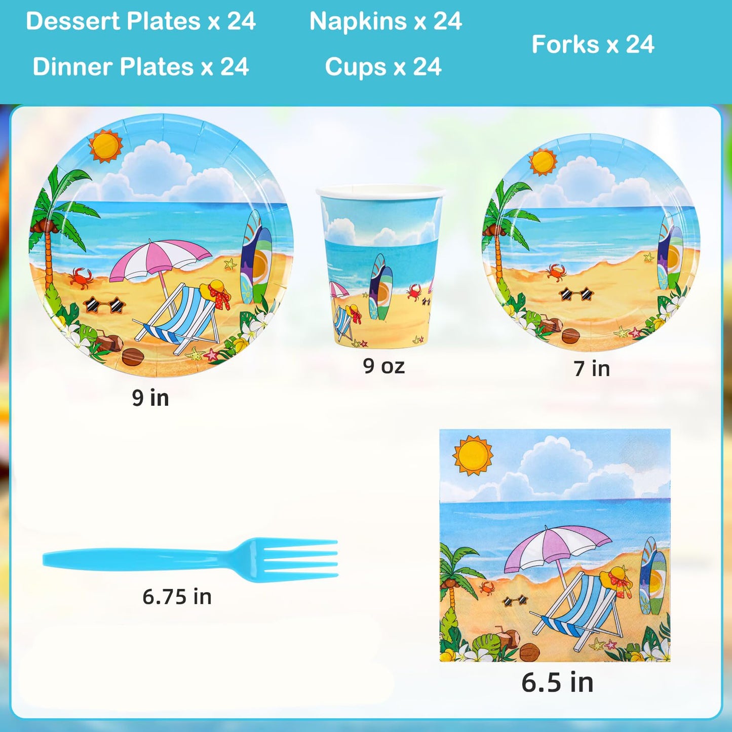 Atonofun Beach Party Supplies, Beach Plates and Napkins Set, Disposable Beach Plates, Cups, Napkins
