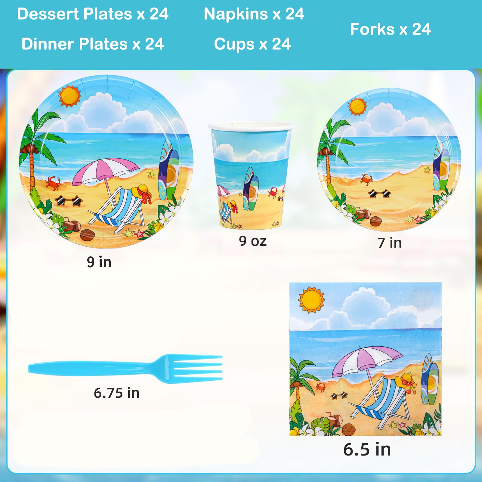 Atonofun Beach Party Supplies, Beach Plates and Napkins Set, Disposable Beach Plates, Cups, Napkins