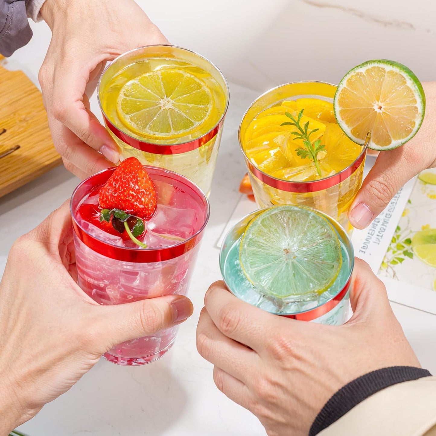 DaYammi 100 Pack Red Plastic Cups 10 Oz Clear Red Rimmed Plastic Cups for Party Fancy Disposable Cup for Wedding Disposable Glasses Clear Tumblers with Rim for Birthday Elegant Wine Cocktail Cup