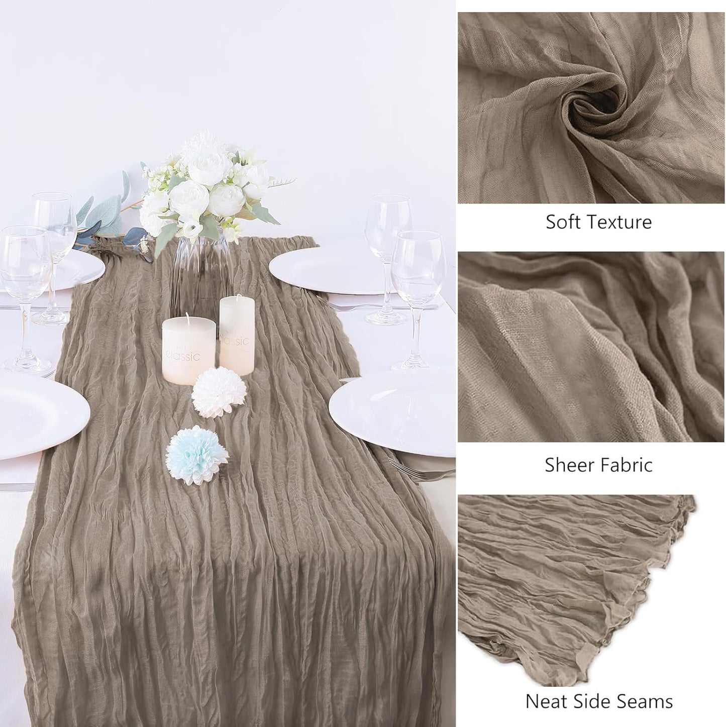 4 Pack Nude Cheesecloth Table Runner 35x120 Inch Boho Gauze Fabric Cheese Cloth Table Runner 10Ft Rustic Romantic Sheer Table Runners for Wedding Party Bridal Baby Shower Long Table Decoration