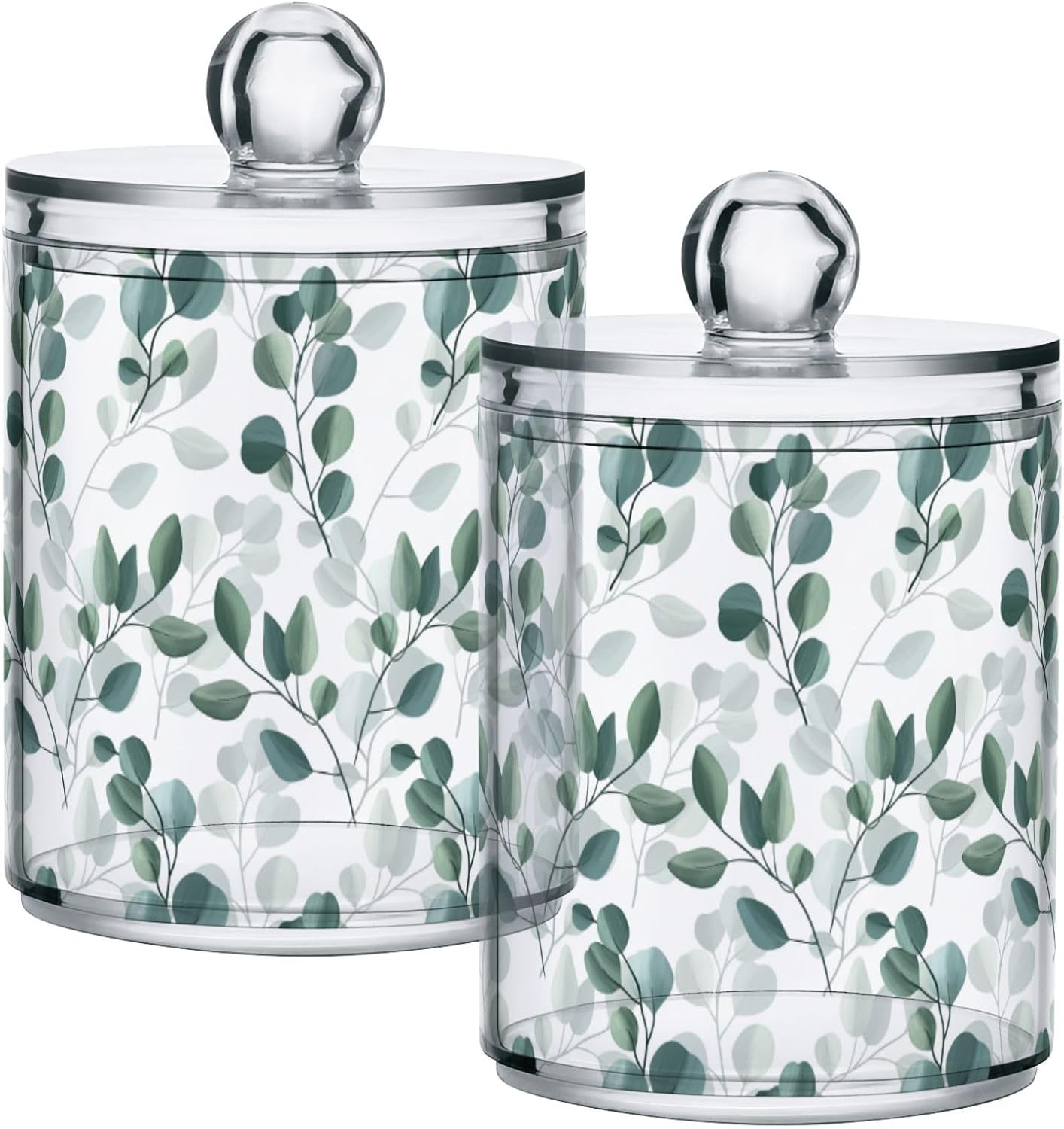 Qtip Holder Dispenser 2 Pack Green Watercolor Floral Leaves Apothecary Jars with Lids Bathroom Vanity Countertop Canister Storage Organizer for Cotton Ball,Swabs,Pads,Floss