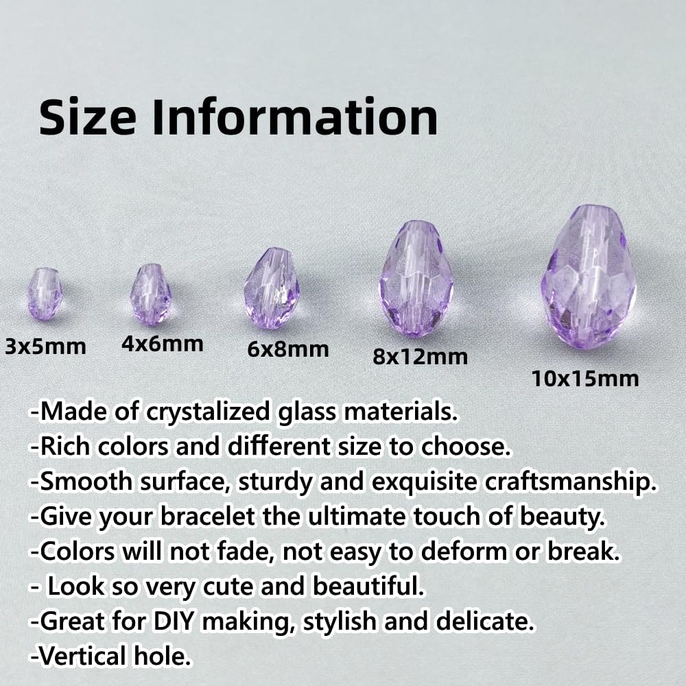 150pcs 4x6mm Teardrop Crystal Glass Beads for Jewelry Making, Faceted Vertical Hole Teardrop Glass Spacer Beads for Wind Chimes Bracelet Earring Necklace DIY Craft(Crystal Purple)