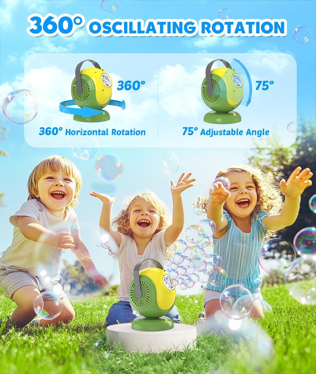 Bubble Machine, Automatic Bubbles Blower, 360° Rotation, 75° Adjustment, LED Light, with Handle - Bubble Toys for Kids, Toddlers - Gifts for Boys, Halloween, Outdoor, Birthday, Party Use