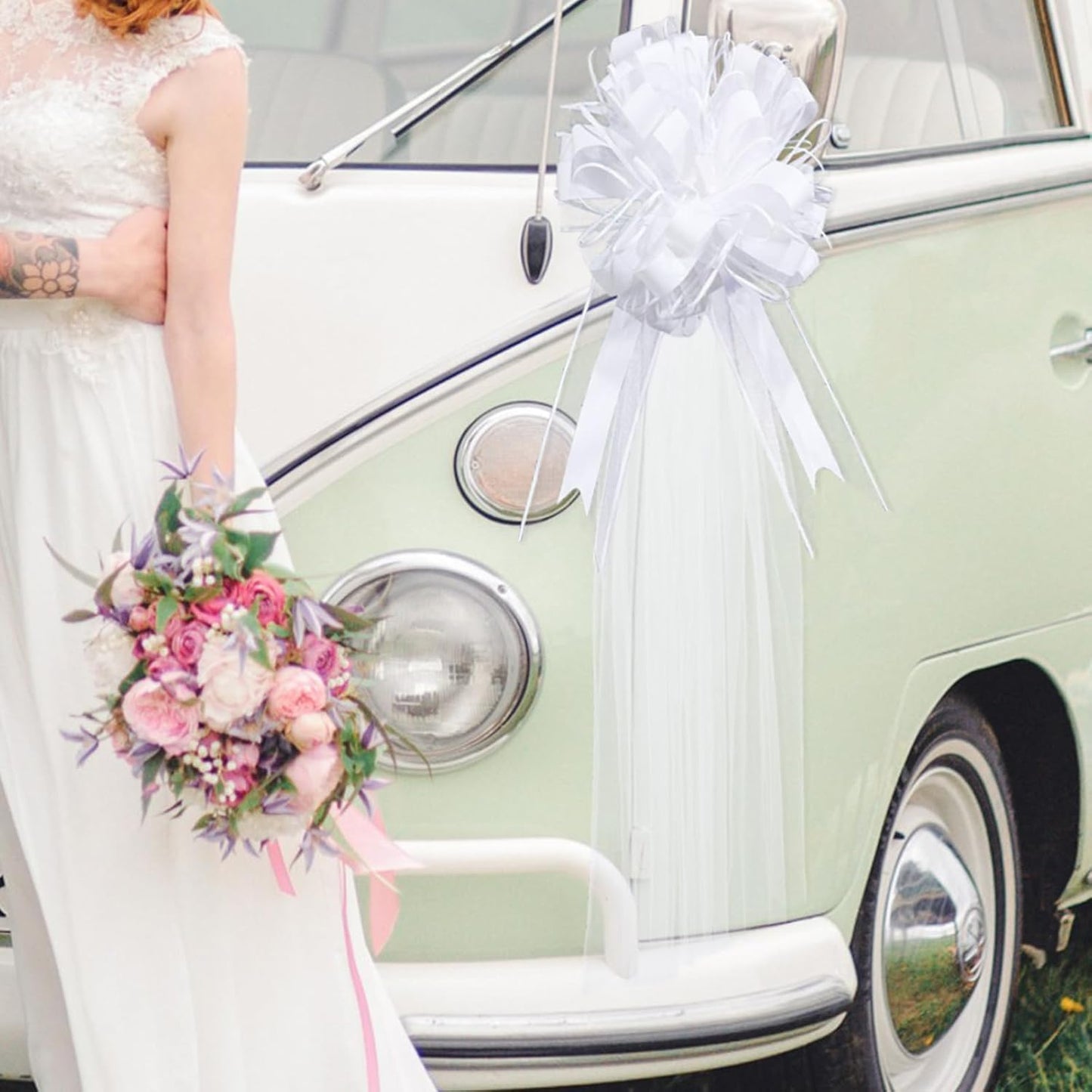 30 Set Wedding Pew Bows with Long Tulle Tails Wedding Aisle Decorations Church Chair Aisle Decoration Car Decoration Big Bows for Bridal Shower Reception Anniversary (White)