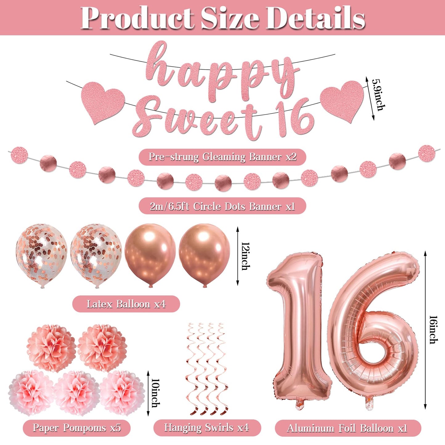 Yatufom 16th Birthday Decorations for Girls, 16th Birthday Party Supplies