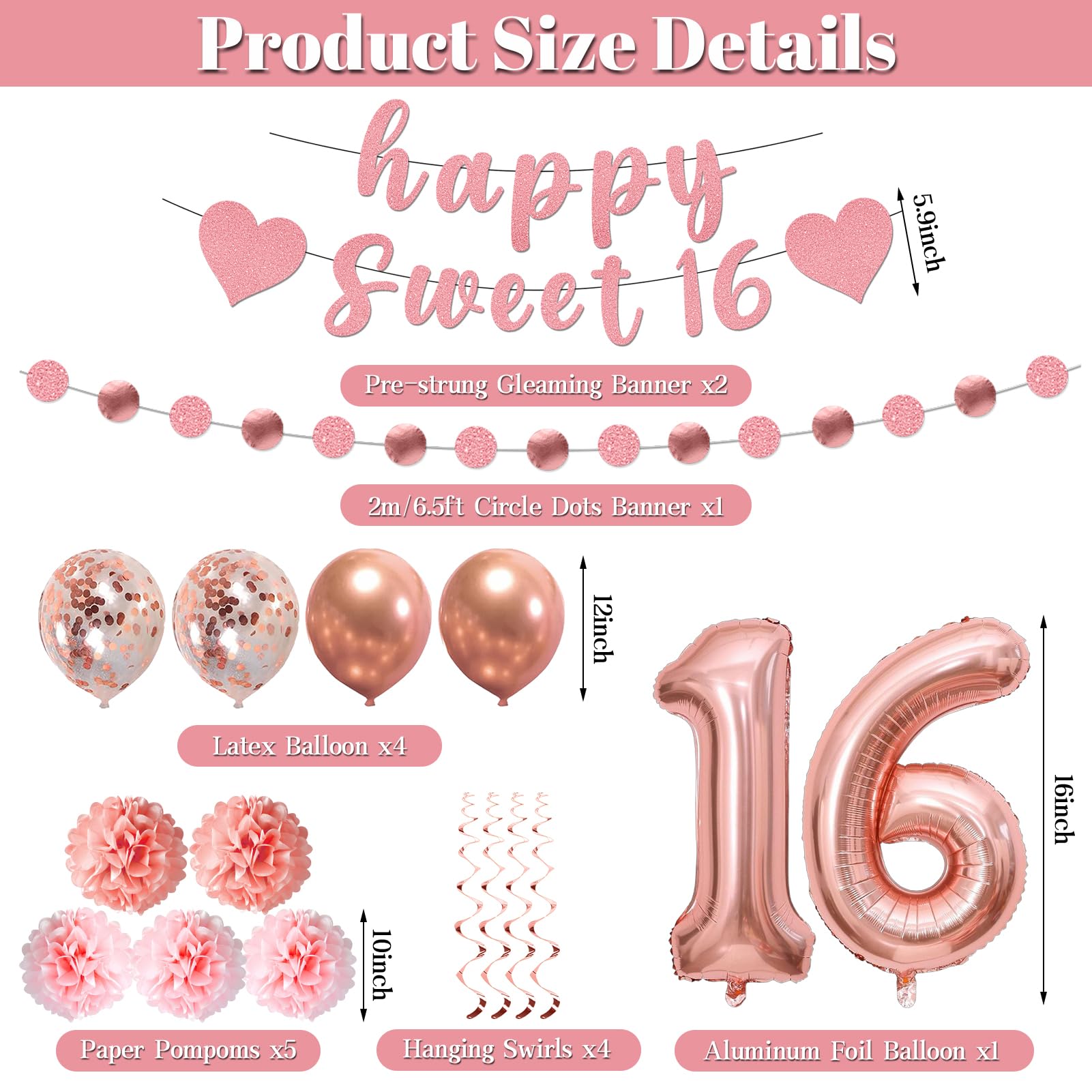 Yatufom 16th Birthday Decorations for Girls, 16th Birthday Party Supplies
