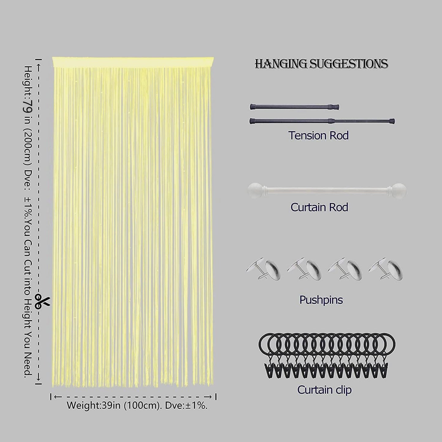 Beaded Curtain Beads Door String Curtains Ideal for Living Room Decor Wall Hanging Fringe Doorway Divider Bedroom Backdrop Hippie Window Closet Privacy Rod Pocket Dense (100x200cm,Yellow)