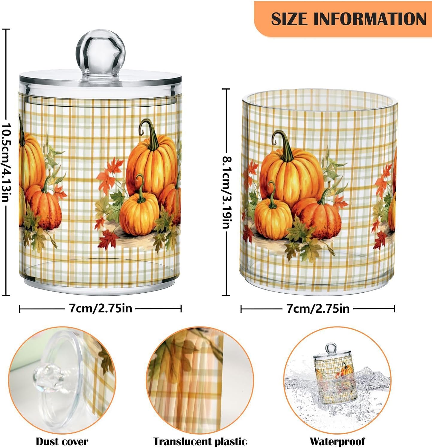 Gredecor 2 Pack Apothecary Jars with Lid Pumpkins Gingham Plaid Qtip Holder Dispenser Storage Containers Clear Plastic Rustic Fall Autumn Thanksgiving Theme Canisters for Bathroom Vanity Organization