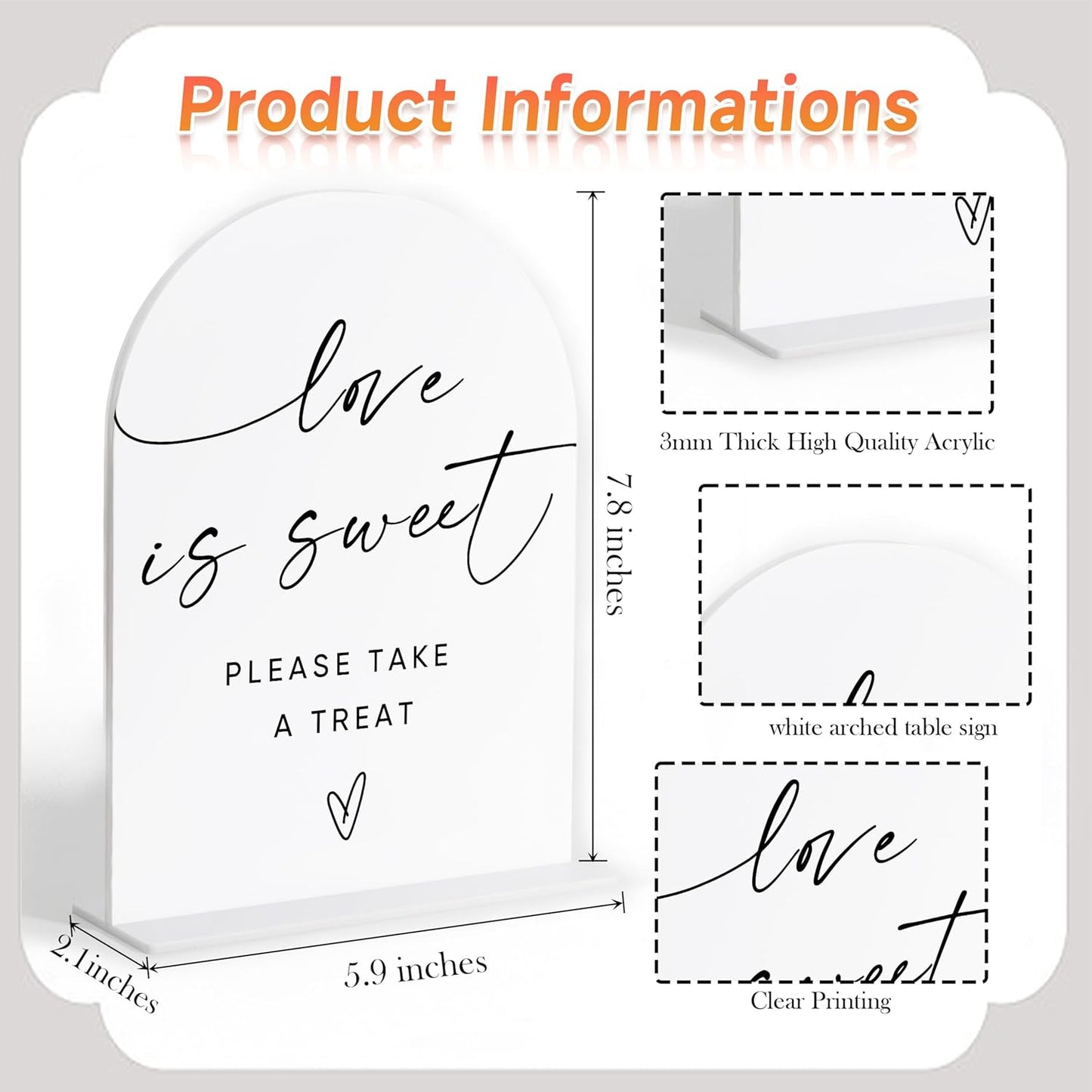 Love Is Sweet Sign for Dessert Table, White Arch Acrylic Wedding Sign, Wedding Reception Decorations, Bridal Shower Decor, Engagement Decor, Centerpiece Table Decorations Party for Bride and Groom-1