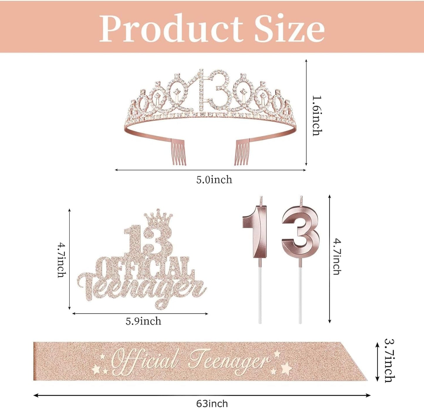 13th Birthday Decorations for Girls, Including 13th Birthday Crown/Tiara, Official Teenager Sash and Cake Topper, Number Candles, 13 Year Old Girl Gifts