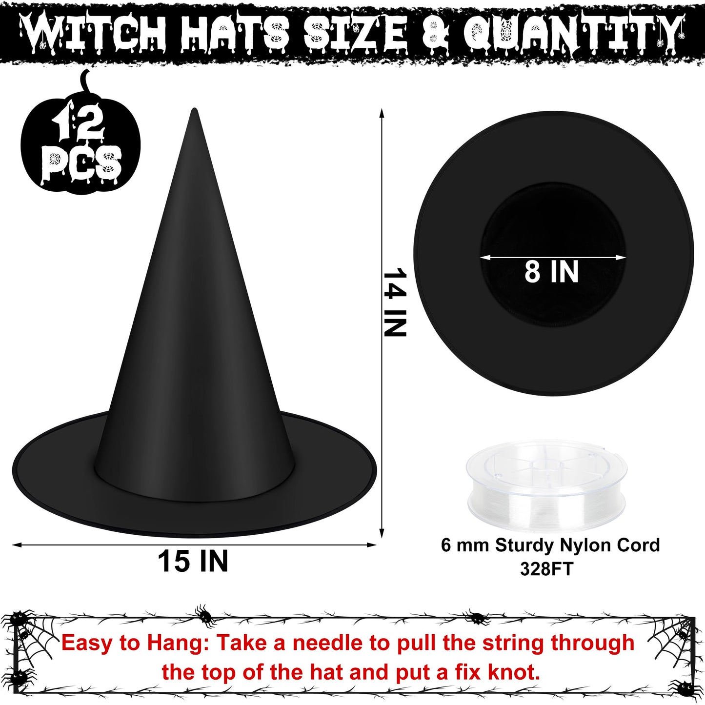 12 PCS Halloween Witch Hats, Black Hanging Witch Hats Porch Yard Decor