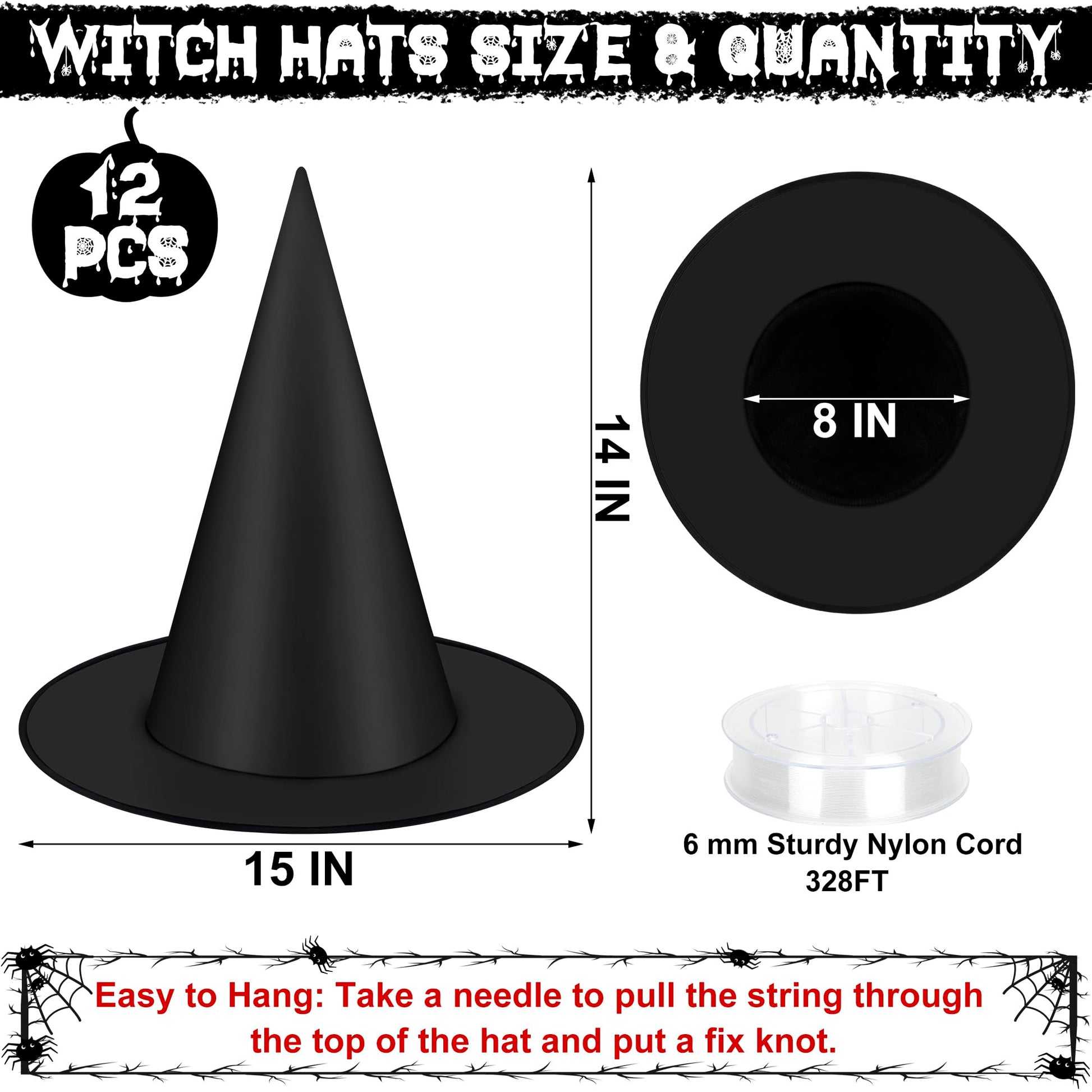 12 PCS Halloween Witch Hats, Black Hanging Witch Hats Porch Yard Decor