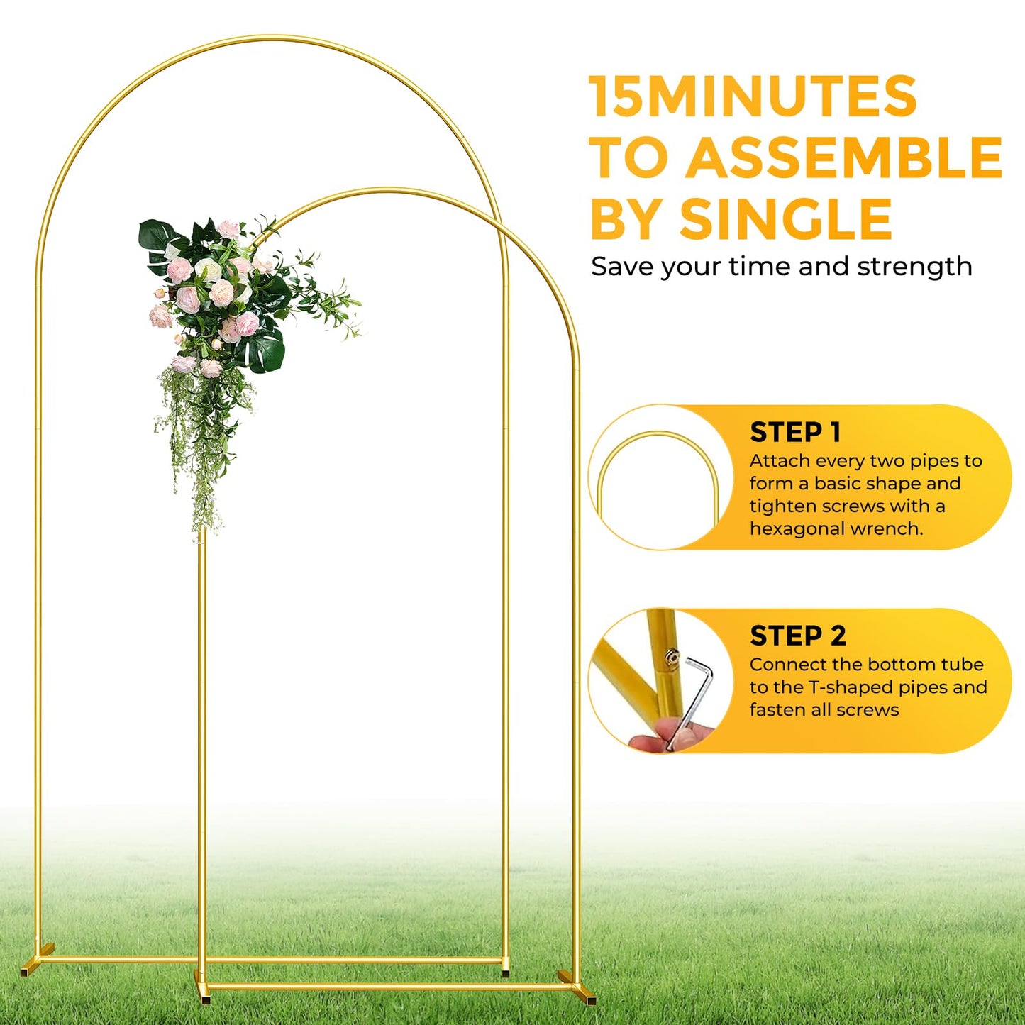 Metal Arch Backdrop Stand, 7.2FT+6FT Wedding Arch Frame, Gold Wedding Arch Backdrop Stand Set of 2