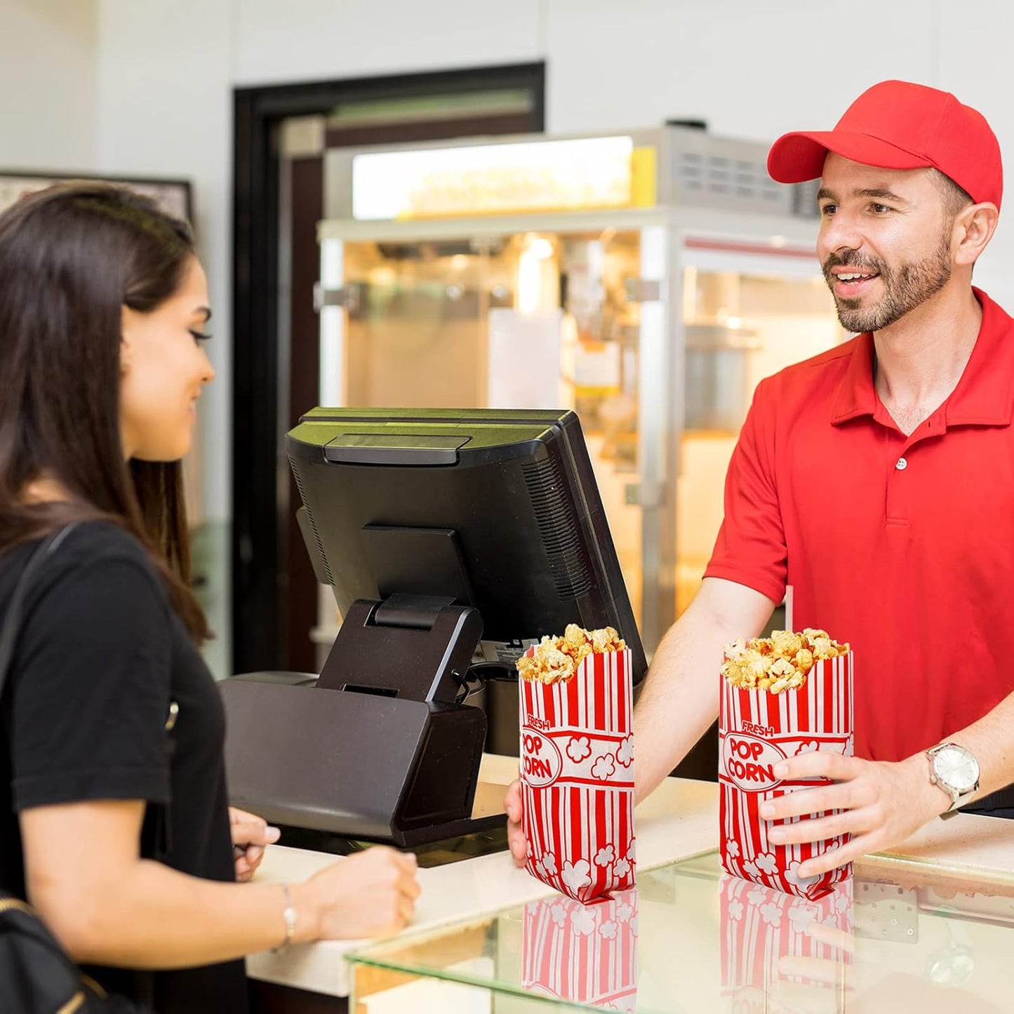 300 Pcs Popcorn Bags Paper Grease Resistant Popcorn Bags Disposable Red and White Striped Popcorn Container for Family Movie Night Movie Party Carnival Theater Popcorn Machine (1 oz)