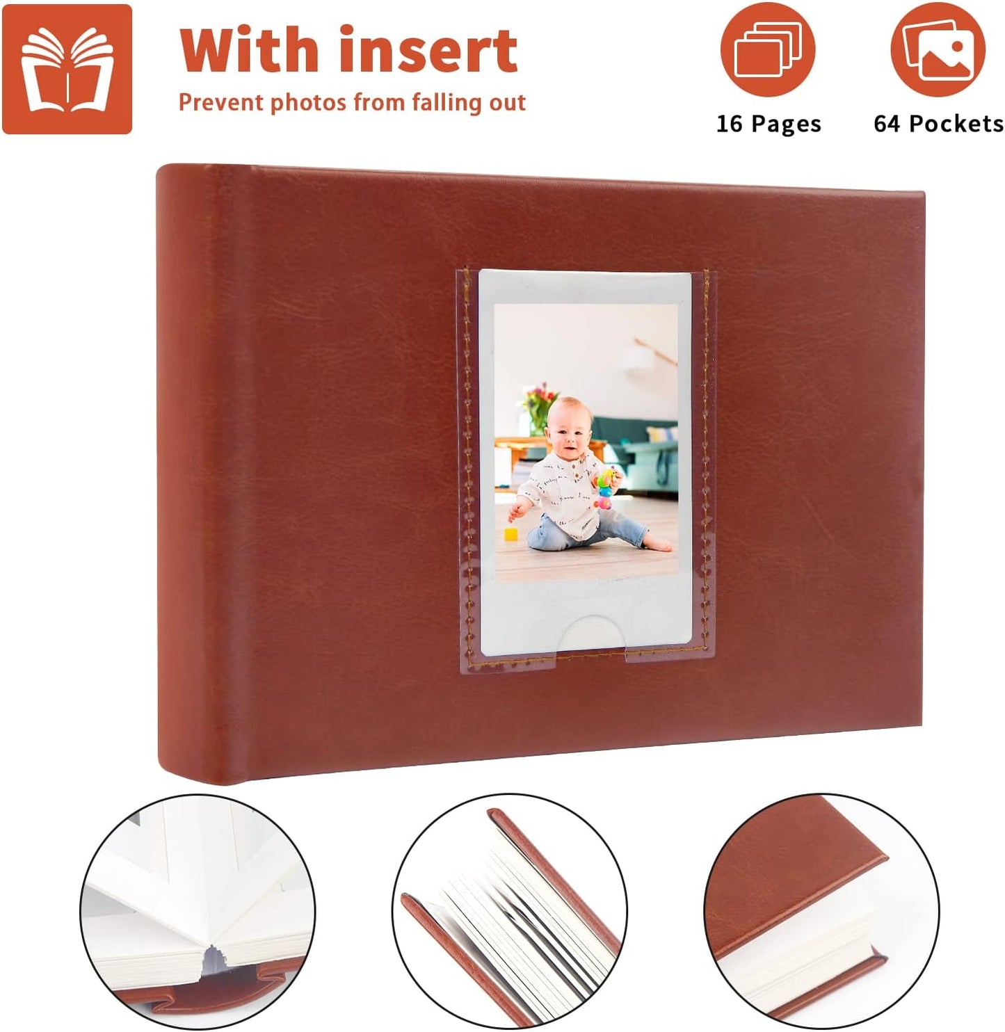 64 Pocket Mini Photo Album with Writing Space,Faux Leather Cover, Compatible with 2x3 Inch Polaroid Pictures and Fujifilm Instax Mini 12 11 9 99 8 7+ 40 Evo Instant Film (Brown)