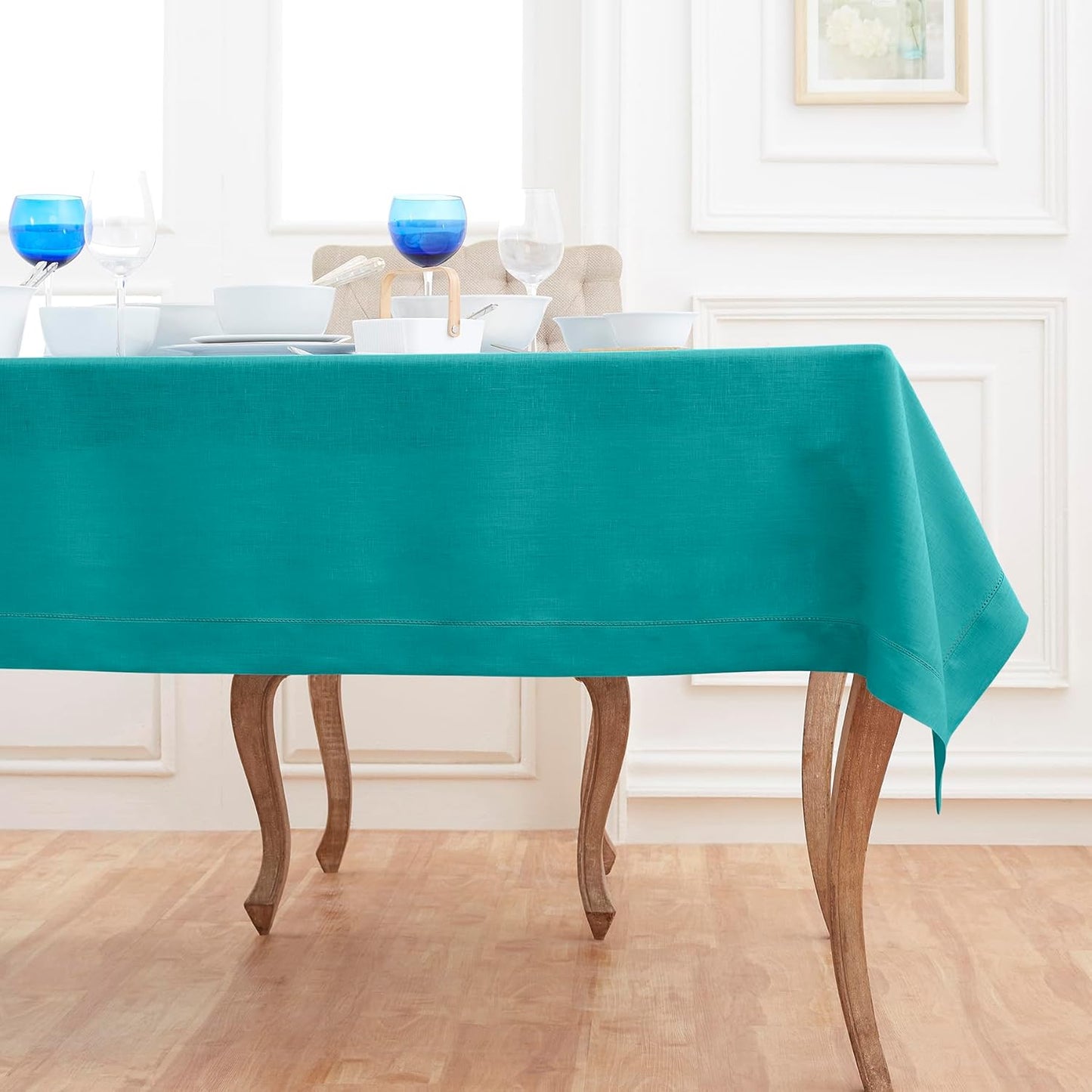 Solino Home Linen Tablecloth 60 x 132 Inch - Classic Hemstitch 100% Pure Linen Teal Table Cloth for Rectangle Tables - Machine Washable Tablecloth for Fall, Autumn