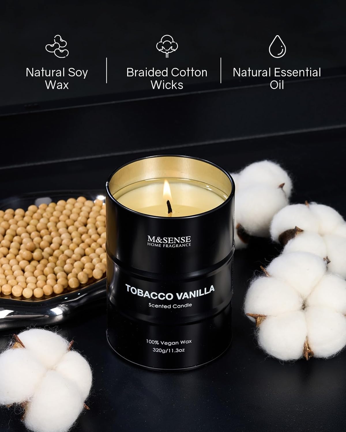 M&SENSE Scented Candle, Tobacco Vanilla Medium Jar Candle Gifts for Men, 70 Hours Slow Burning Natural Soy Candles 11.3oz, Stress Relief Aromatherapy Candles Home Decor, Valentines Day Gifts for Him