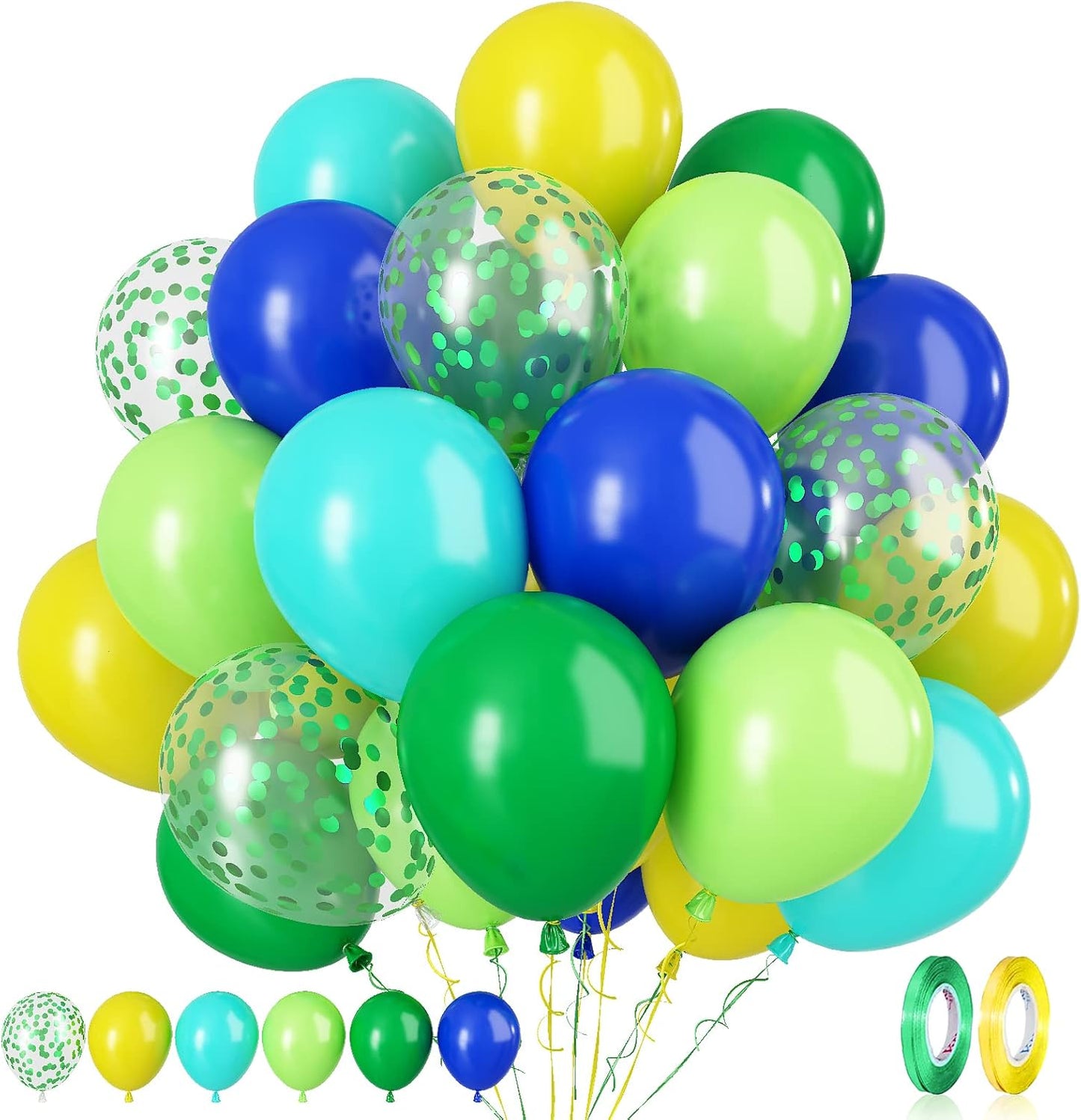 Paready Green and Blue Balloons, 60 Pcs 12 Inch Navy Teal Blue Dark Green Latex Balloons, Teal Yellow Light Green Confetti Balloon for Jungle Dinosaur Birthday Party Baby Shower Decorations