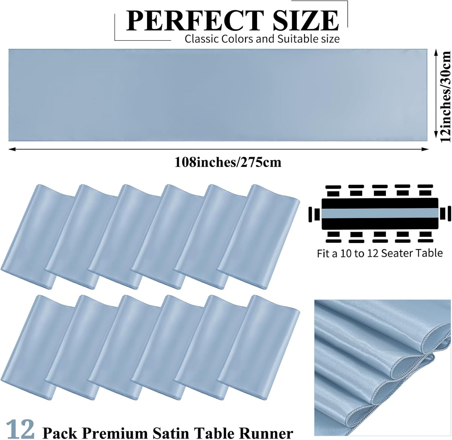 12 Pack Dusty Blue Satin Table Runner,12 x 108 inch Long Premium Smooth Table Runner for Wedding, Banquets, Birthday, Party, Graduation, Engagements,Table Runners fit Rectangle and Round Table