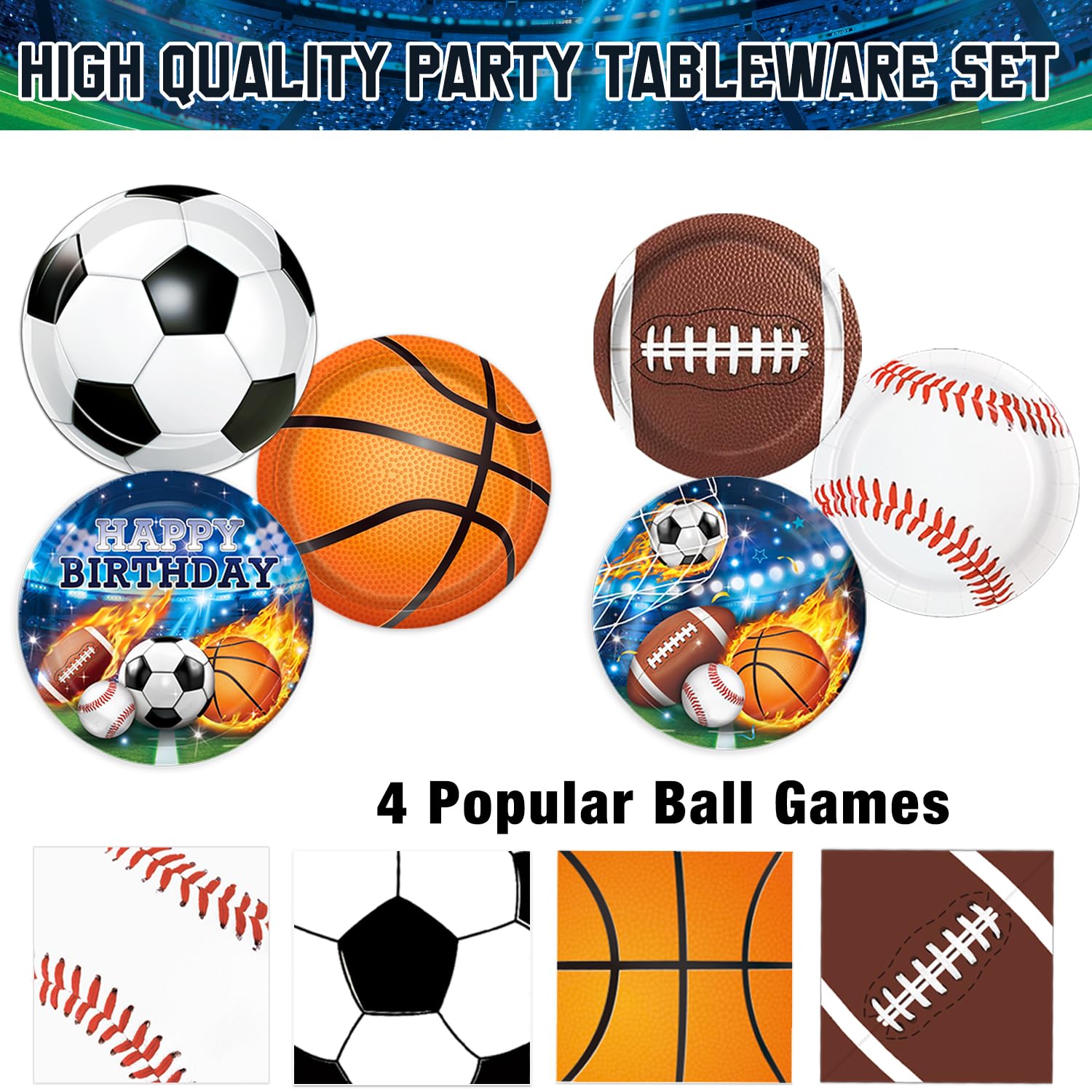 191 PCS Sports Birthday Party Decorations Includes Plates, Napkins, Cups, Knives, Forks, Banner