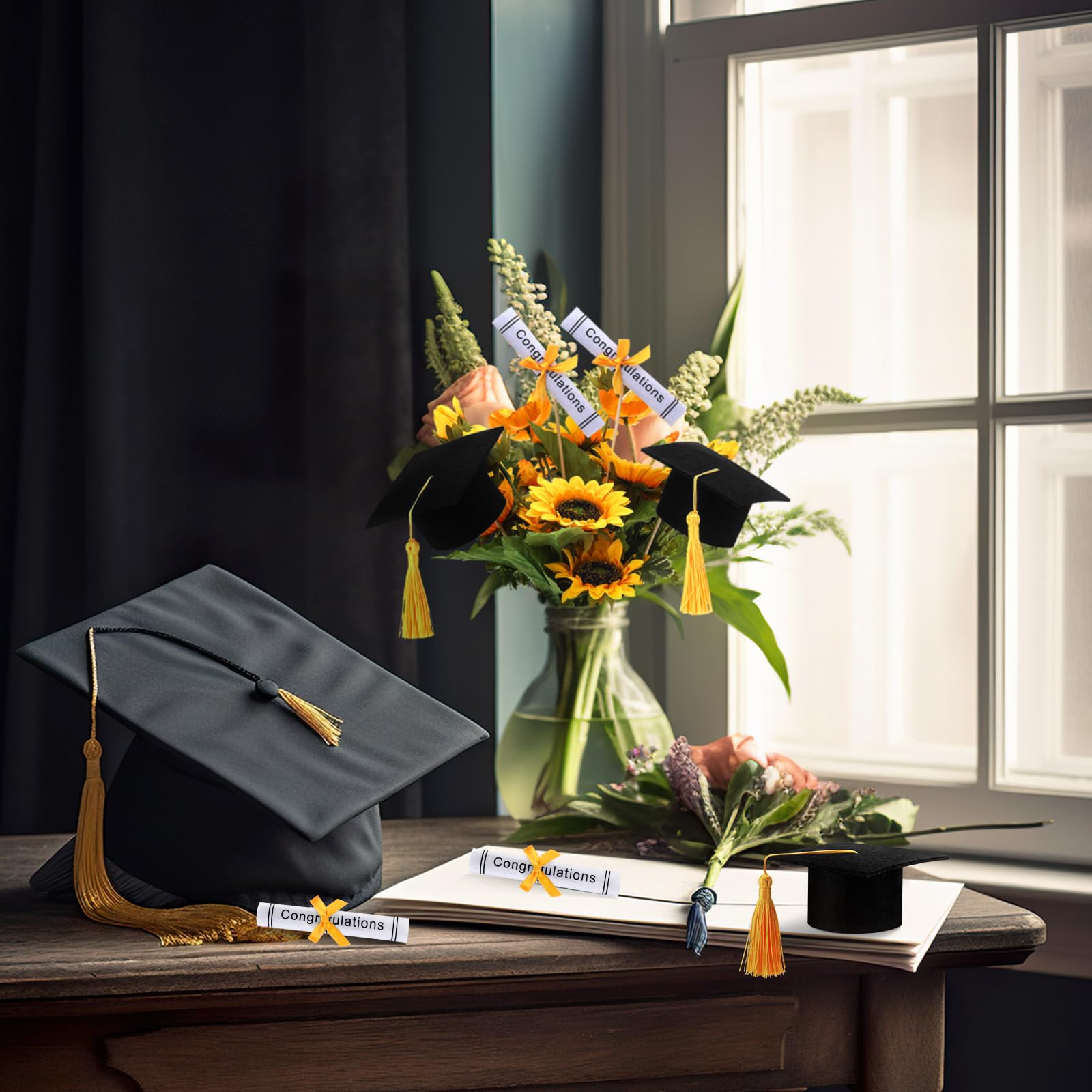 Breling Graduation Centerpiece Felt Cap Sticks,Black and Gold,12 Pcs