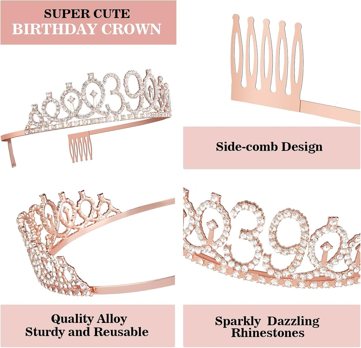 39th Birthday Decorations, Rose Gold Sash, Crown, Candles & Cake Topper, Set of 6 for Women