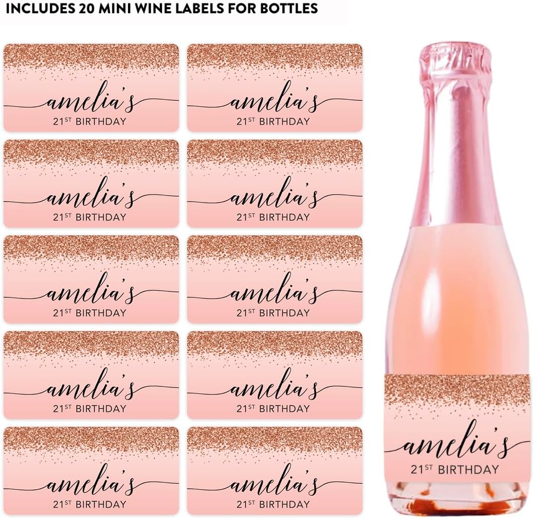 Andaz Press Personalized Mini Champagne Wine Bottle Labels, Birthday Blush Pink Faux Rose Gold Glitter Elegant, 20-Pack, Custom Champagne Bottle Labels 21St Birthday Wine Bottle Labels Birthday Labels