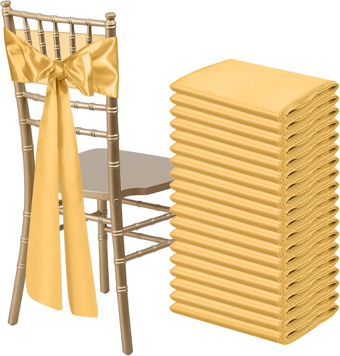 50 PCS Gold Satin Chair Sashes Bows Universal Chair Ribbon Ties Back Sash for Wedding Party Reception Events Banquets Hotel Event Chair Cover Decoration (7x108 inch)