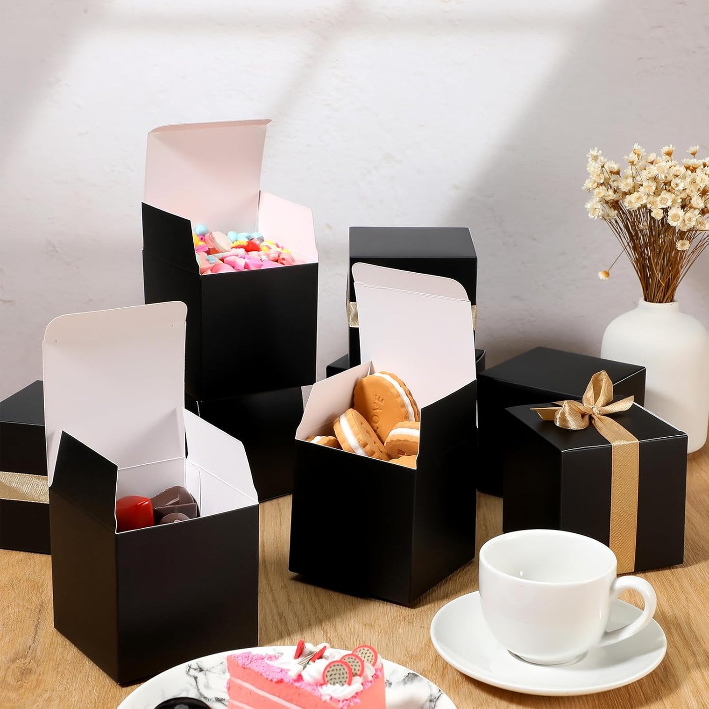 Jutom 100 Pcs Mini Favor Boxes Extra Small Candy Boxes Paper with Gold Ribbon for Christmas Thanksgiving Day Birthday Wedding Anniversary Supplies(3 x 3 x 3 Inch,Black)
