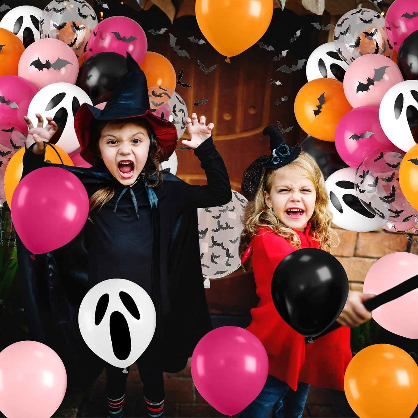 Orange Pink Halloween Balloons, 12 Inch Ghost Balloons, Black Orange and Hot Pink Latex Balloon with Bat Sticker, Bat Print Balloon for Kids Girls Birthday Ghost Theme Halloween Party Decorations