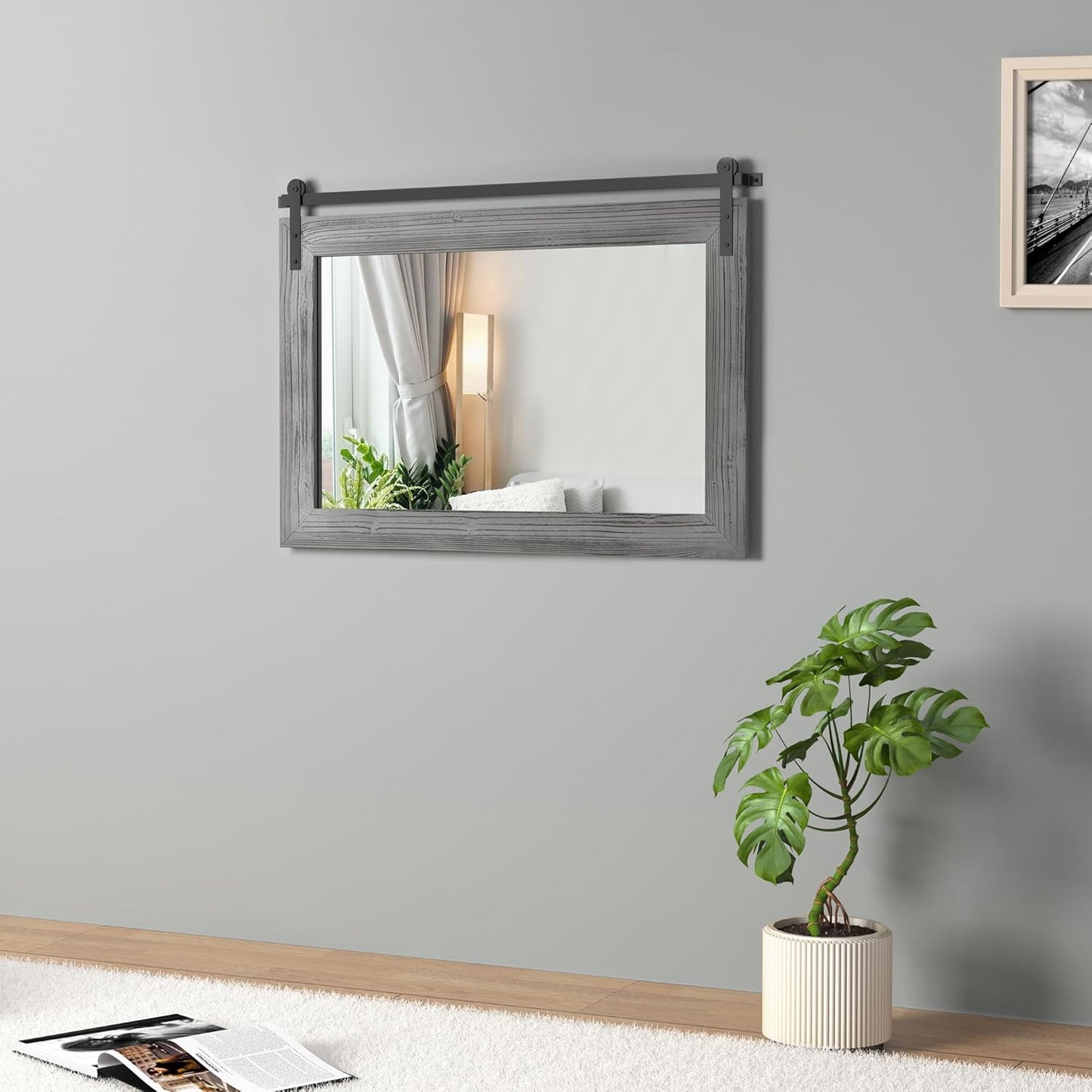 COGOOD Farmhouse Barn Door Mirror - 25" x 18" Rustic Wood Framed Decrative Mirror for Bathroom, Living Room, Entryway Wall Decor (Grey)