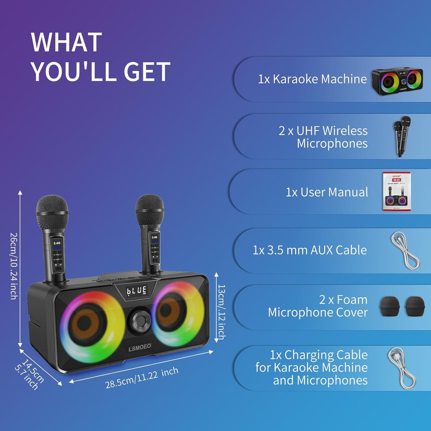 Karaoke Machine for Adults and Kids with 2 UHF Wireless Microphones,Portable Bluetooth Speaker PA Speaker System with LED Party Lights for Home Party, Picnic,Car,Outdoor/Indoor/Birthday Gifts