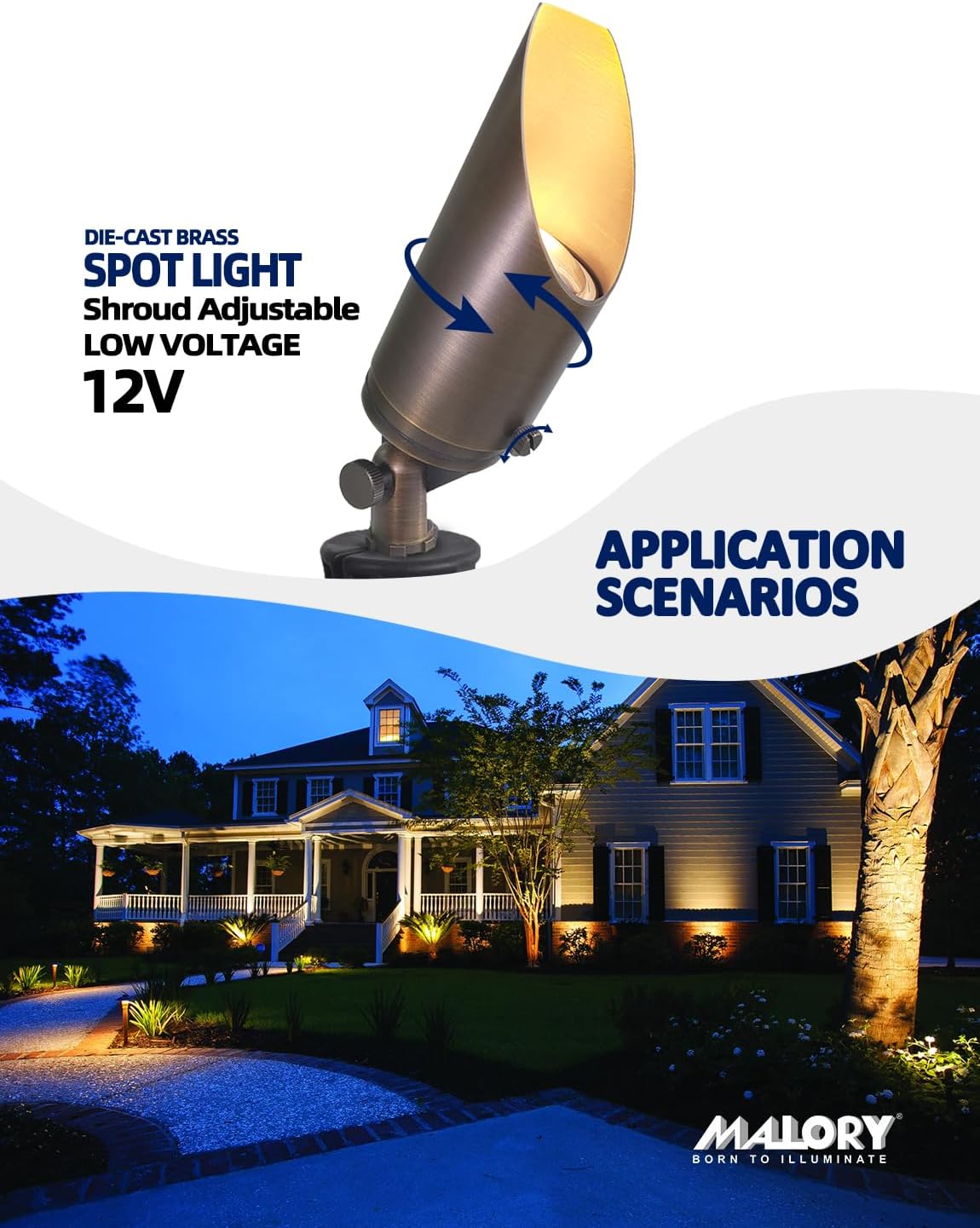 MALORY Brass Landscape Spotlight 4-Pack with 5W LED MR16 Bulb Kit(S03), 12V AC/DC Low Voltage Outdoor Landscape Lighting Shroud Adjustable,Ground Stake and Wire Connector Included,2700K Warm White