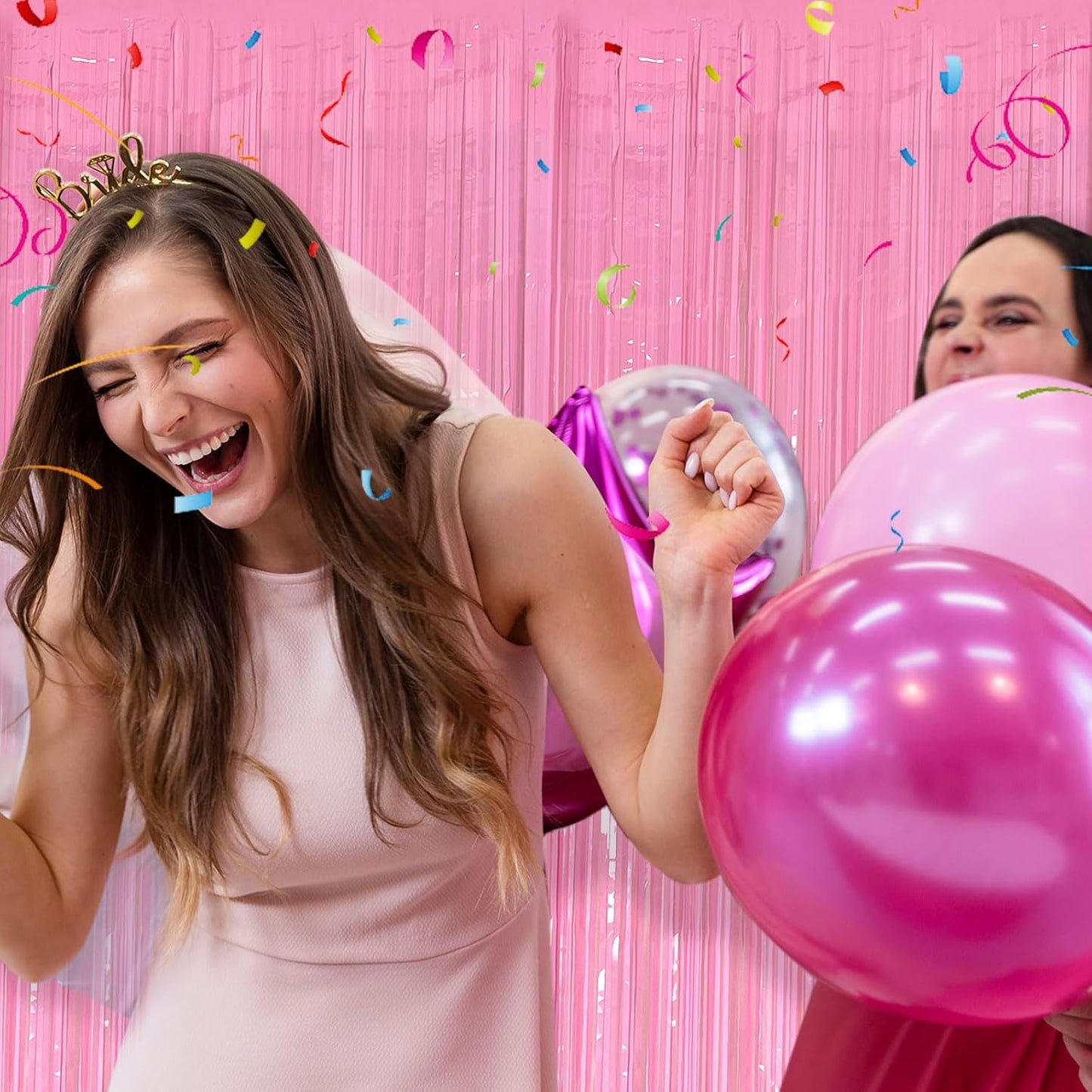 2 Pack Foil Curtain Pink Backdrop Streamers Metallic Tinsel Fringe Curtains Photo Booth Props for Birthday Wedding Engagement Bachelorette Christmas Holiday Celebration Party Decorations