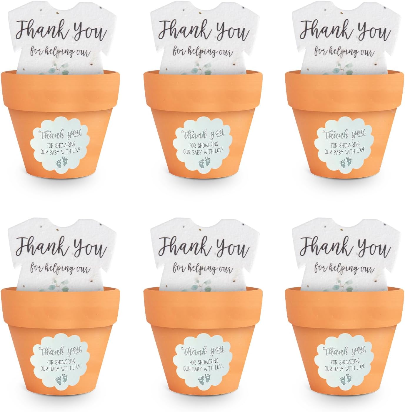 Set of 6 Seed Paper – 6 Green Onesie & 6 Orange Pots with Stickers for Baby Shower, Gender Reveal, Birthday, Mother's Day & Other Milestone Celebrations
