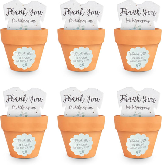 Set of 6 Seed Paper – 6 Green Onesie & 6 Orange Pots with Stickers for Baby Shower, Gender Reveal, Birthday, Mother's Day & Other Milestone Celebrations