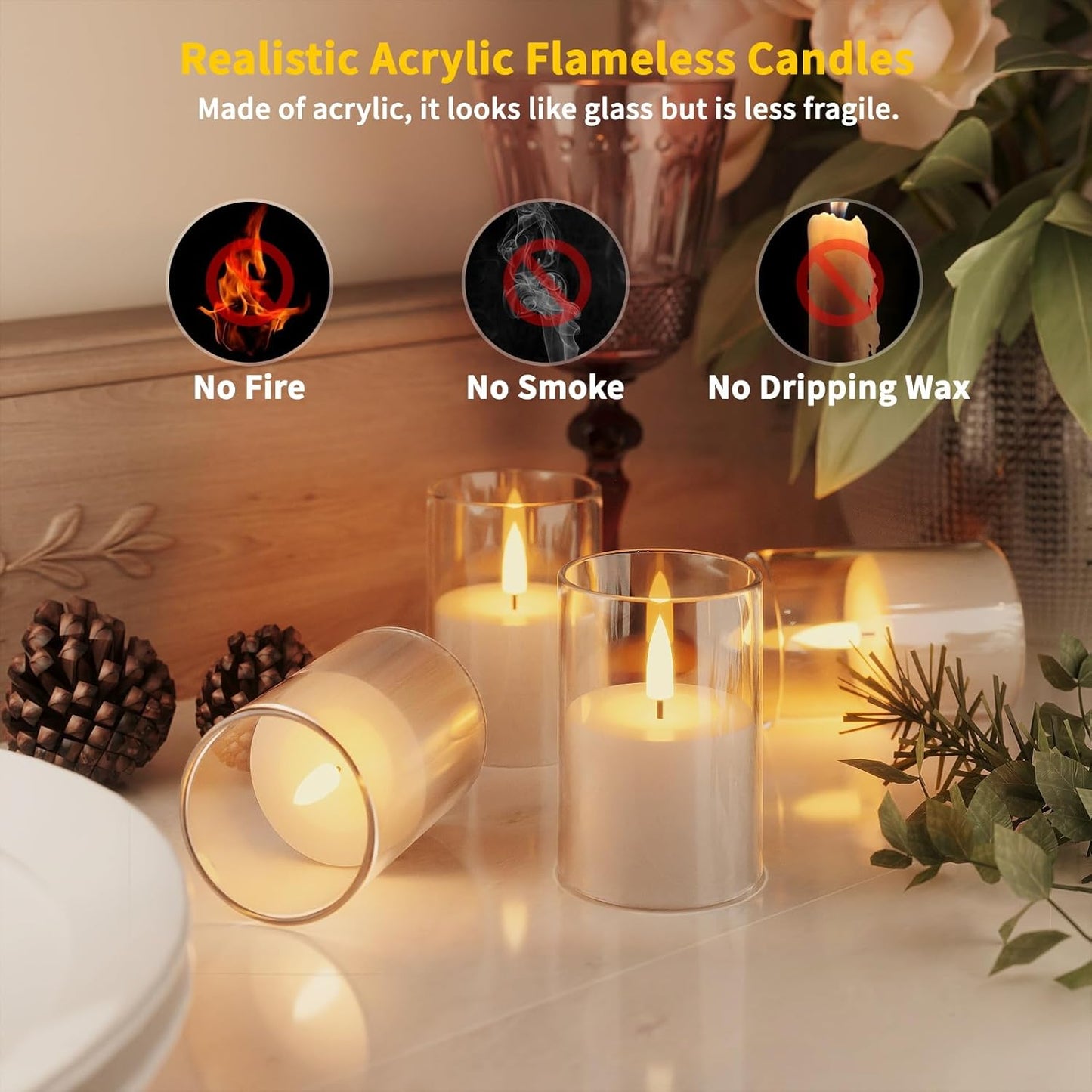 12Pack Flickering Flameless LED Candles with Timer, Battery Powered - Small Pillar & Votive, Clear (2"X3")