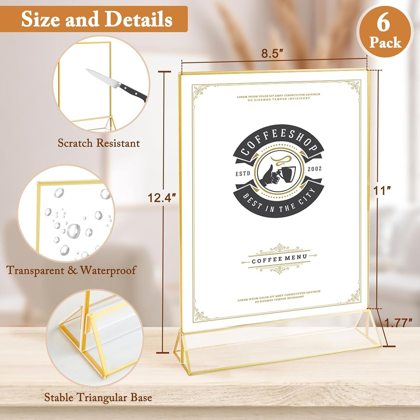 Floroom 6 Pack 8.5x11 Inch Clear Acrylic Sign Holders, Double-Sided Gold Display Stand Picture Frames for Table Numbers, Menus, Flyers, Weddings, and Offices