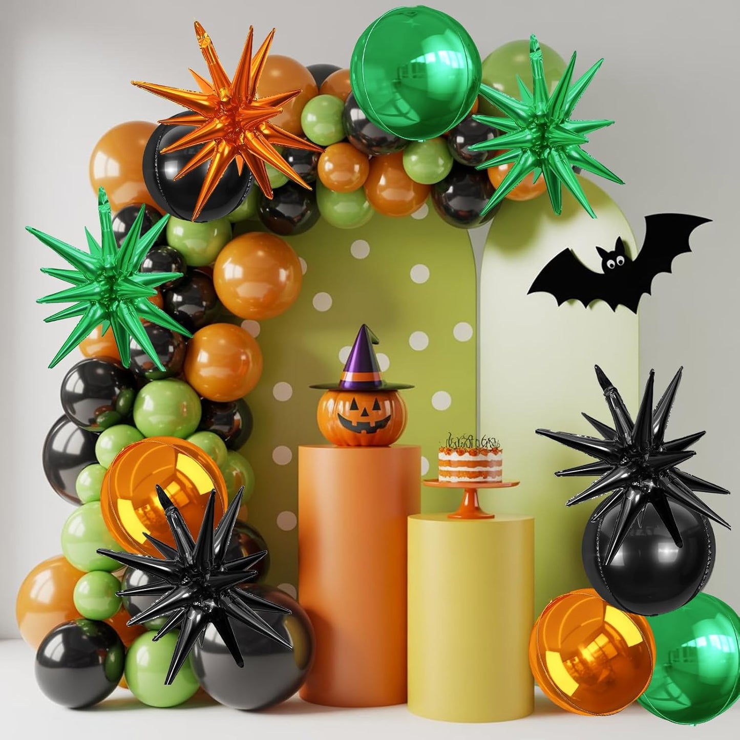 6Pcs Black Green Orange Foil Balloons,22Inch Black Orange Green 4D Round Ball Balloon and Explosion Star Balloon for Halloween Birthday Wedding Baby Shower Anniversary Party Decorations