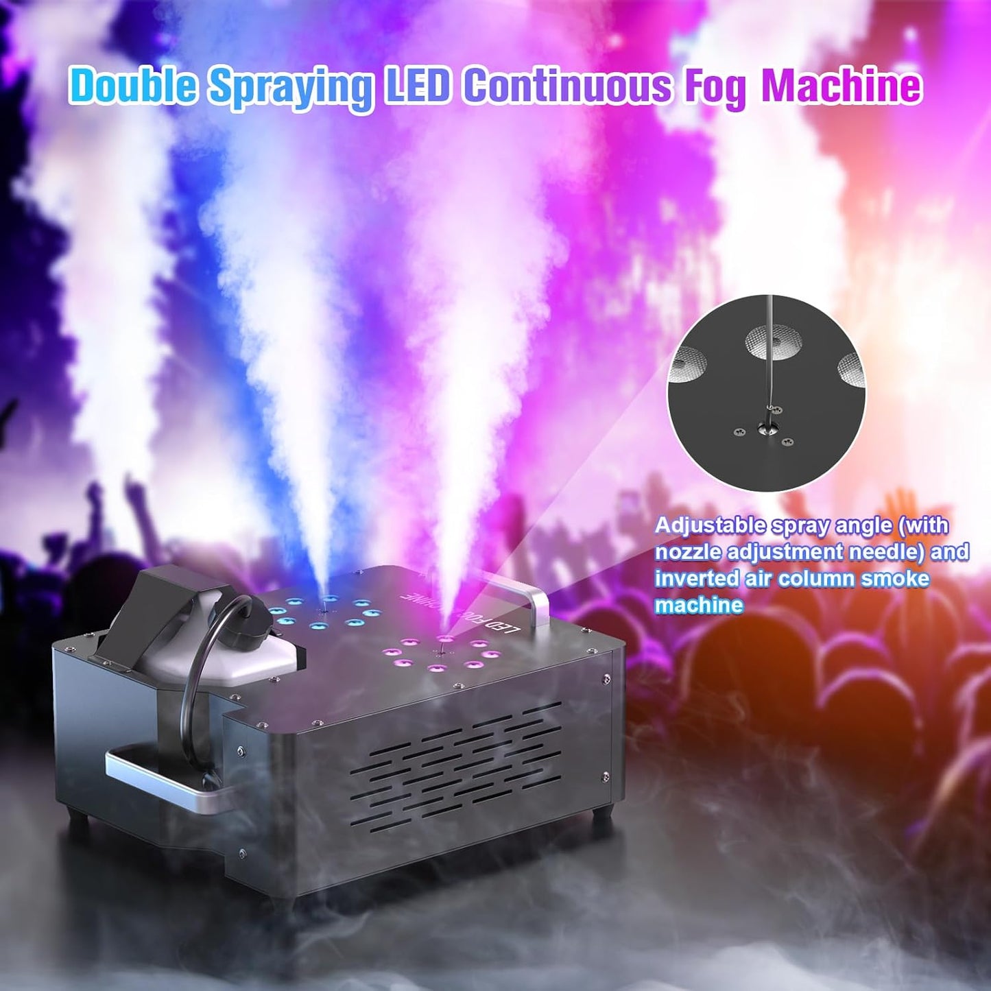 2000W Professional Fog Machine Dual Nozzle with 16 RGB LED, DMX Control Adjustable Smoke Direction, 2.5L Tank LCD Display 30000CFM for Halloween Christmas Stage DJ Party Club Events