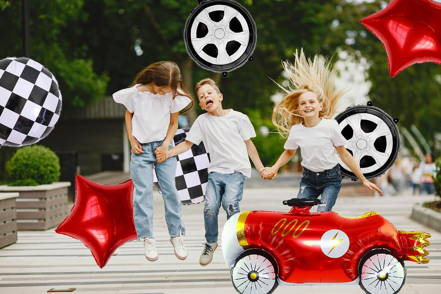 7 Pcs Vintage Race Car Balloon Set,Black and White Checkered Car Wheel Red Star Foil Helium Balloon,Racing Theme Birthday Party Baby Shower Decorations Supplies