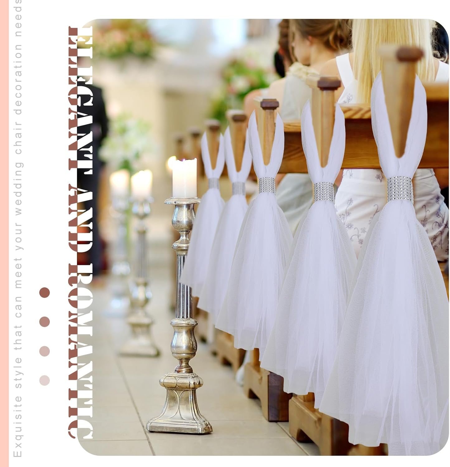 24 Set Wedding Aisle Chair Decorations 31.5 Inch Pew Bows with Long Tulle Tails and Rhinestone wrap for Wedding Ceremony Church Bridal Shower Banquet Decor (Silver)