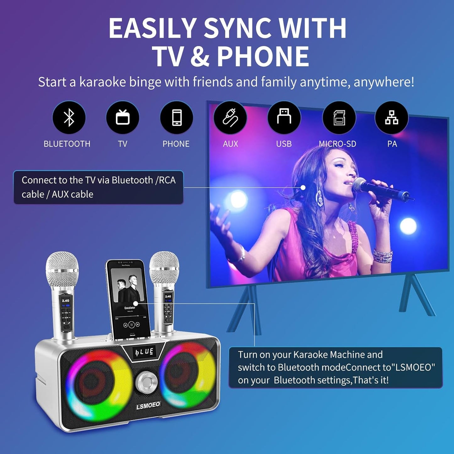 Karaoke Machine for Adults and Kids with 2 UHF Wireless Microphones,Portable Bluetooth Speaker PA Speaker System with LED Party Lights for Home Party, Picnic,Car,Outdoor/Indoor/Birthday Gifts