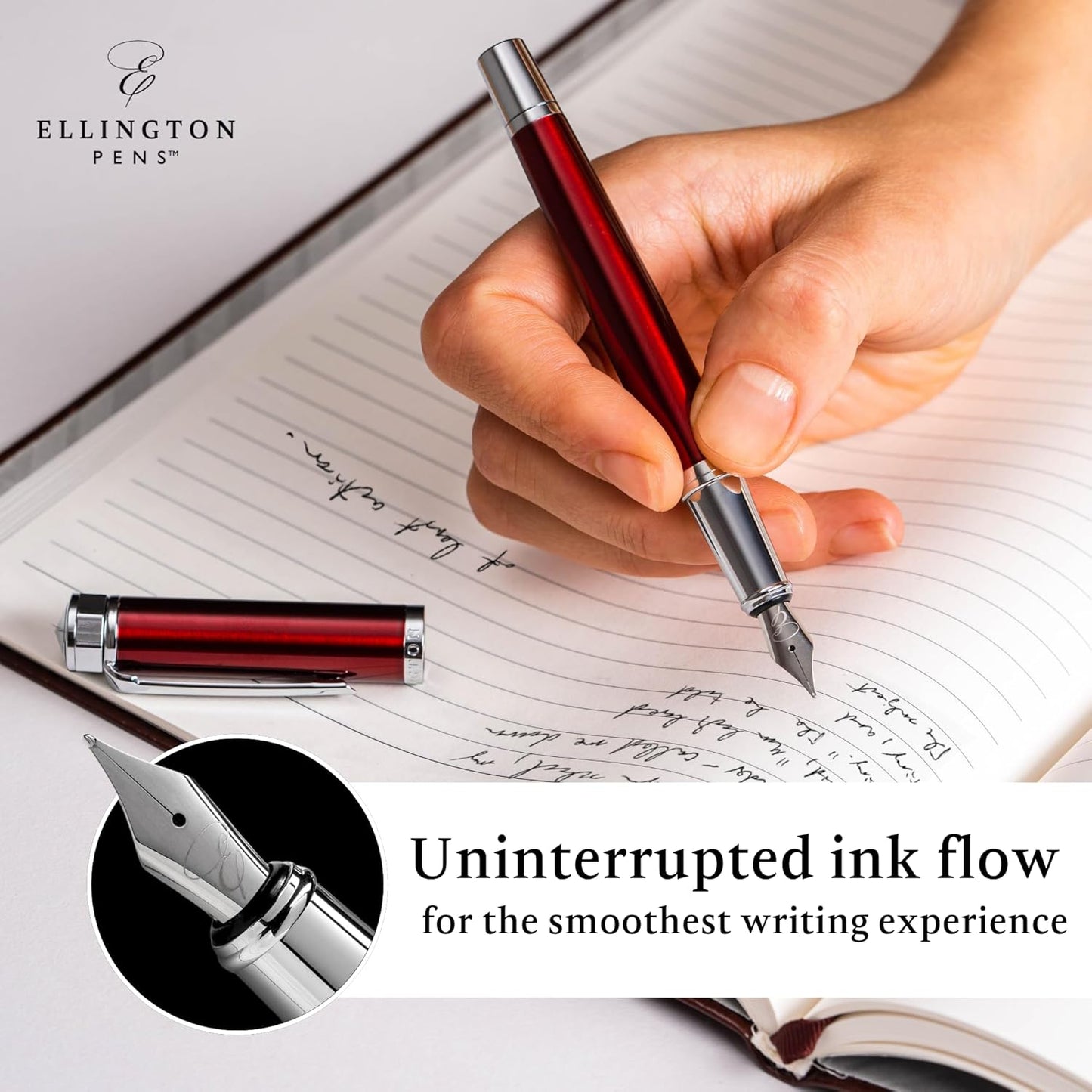 Ellington Pens Luxury Fountain Pen Set- Fountain Pens for Writing - Smooth Fine Nib - Includes Refillable Ink Converter, 3 Ink Cartridges [Black & Blue], Gift Box - Elegant Calligraphy